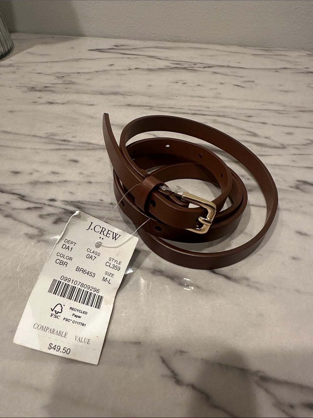 J. Crew Slim Brown Leather Belt with Gold Buckle